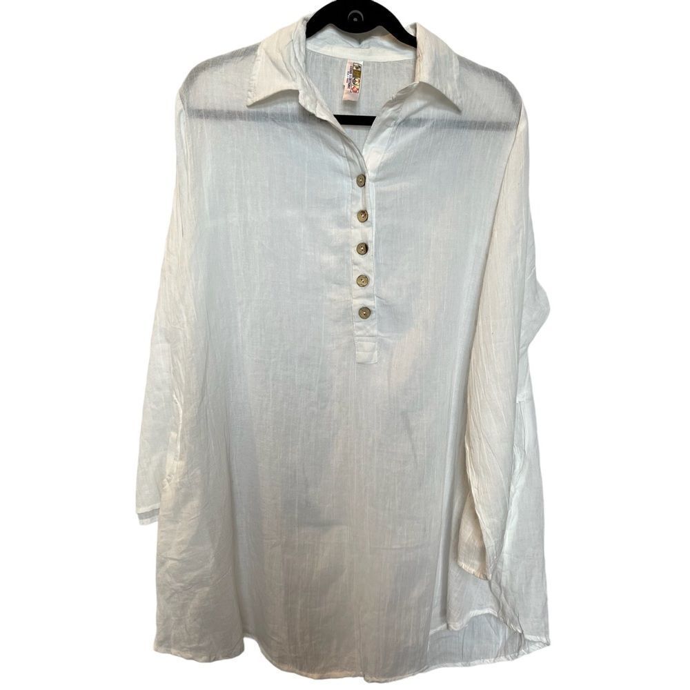 Women's India Boutique Cotton Long Tunic Top Cream One Size 1/2 button up